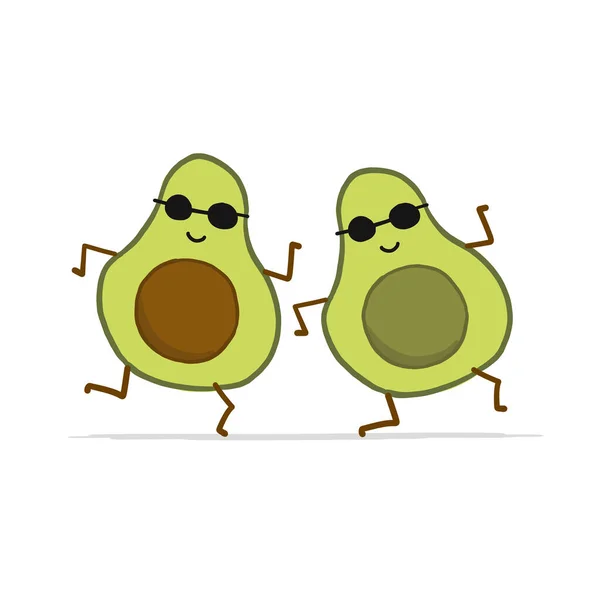 Funny Avocado Friends está bailando. Personajes de dibujos. Aislado sobre blanco — Archivo Imágenes Vectoriales