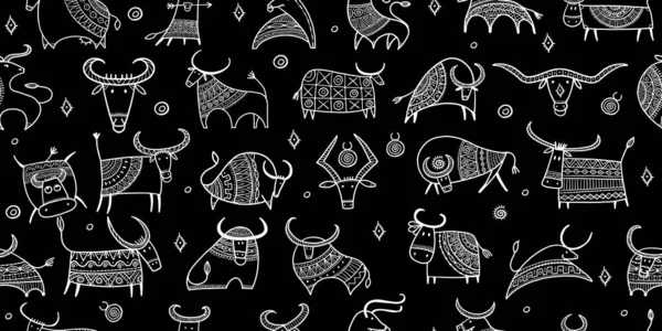 Drôle de collection de taureaux. Horoscope lunaire. Bonne année 2021. Taureau, bœuf, vache. Modèle sans couture pour votre conception — Image vectorielle