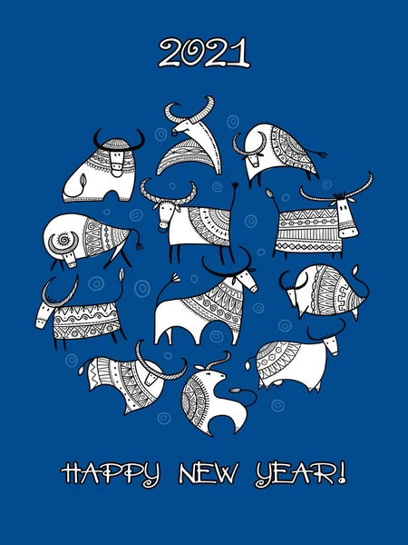 Felice anno nuovo carta 2021. Famiglia Bulls Divertenti. Modello per il tuo design — Vettoriale Stock