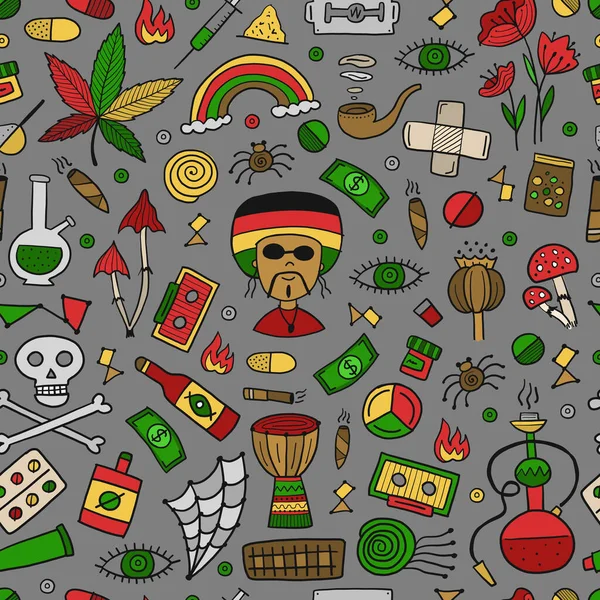 Toxicomanie. Dis non à la drogue. Collection Rasta avec crâne, marijuana, batterie, pilules, symboles musicaux. Fond de motif sans couture — Image vectorielle