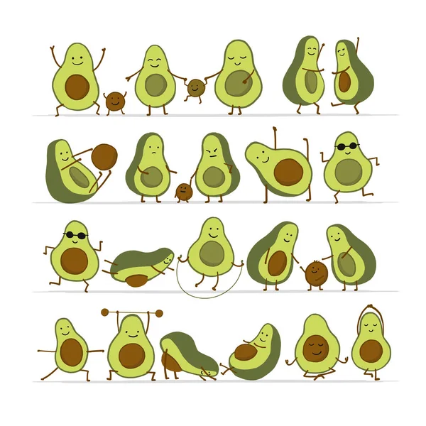 Karakter kartun Avocado yang lucu. Koleksi untuk desain Anda Stok Ilustrasi 