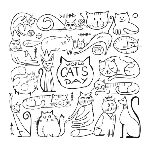 Światowy Dzień Kota. Kolekcja postaci kotów dla Twojego projektu — Wektor stockowy