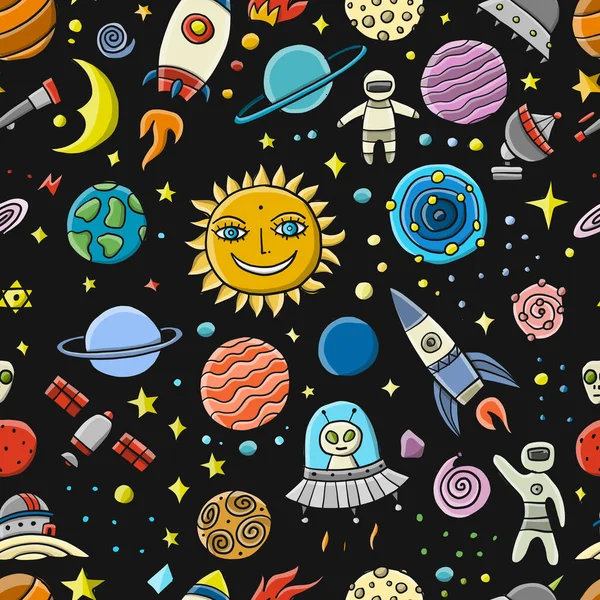 Fondo espacial. Planetas del sistema solar. Cohetes y astronautas. Patrón sin costura para su diseño — Archivo Imágenes Vectoriales