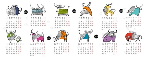 Feliz año nuevo, Calendario 2021. Toro, buey, vaca. — Vector de stock