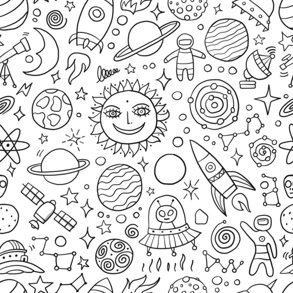 Space Background. Planets of the solar system. Rockets and astronauts. Seamless Pattern for your design