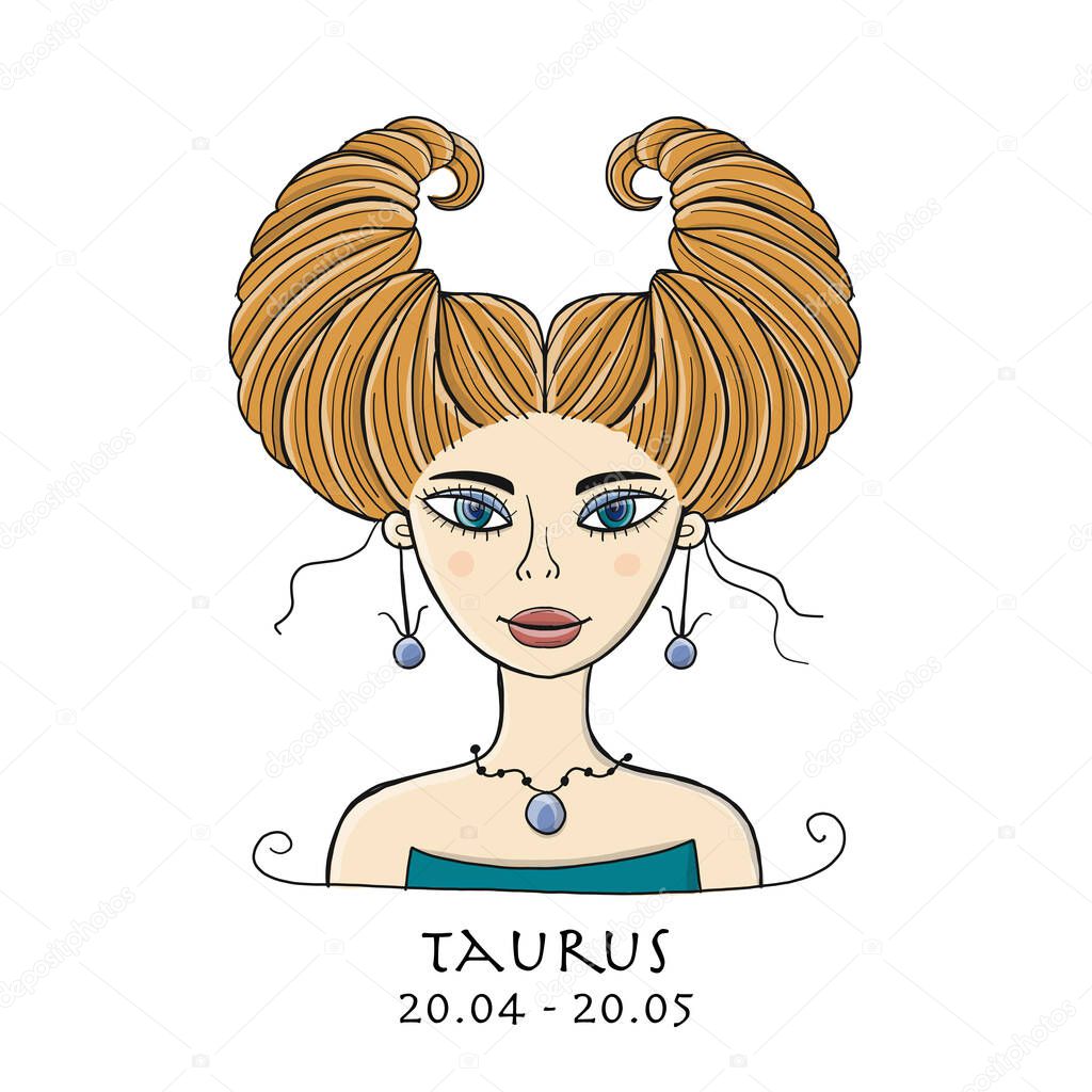Illustration of Taurus zodiac sign. Element of Earth. Beautiful Girl Portrait. One of 12 Women in Collection For Your Design of Astrology Calendar, Horoscope, Print.