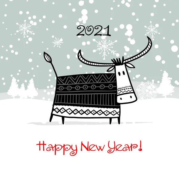 Mutlu yıllar 2021. Boğa, öküz, inek. Kış Ormanı Arkaplanı. Tasarımınız için şablon - poster, kart, davet — Stok Vektör