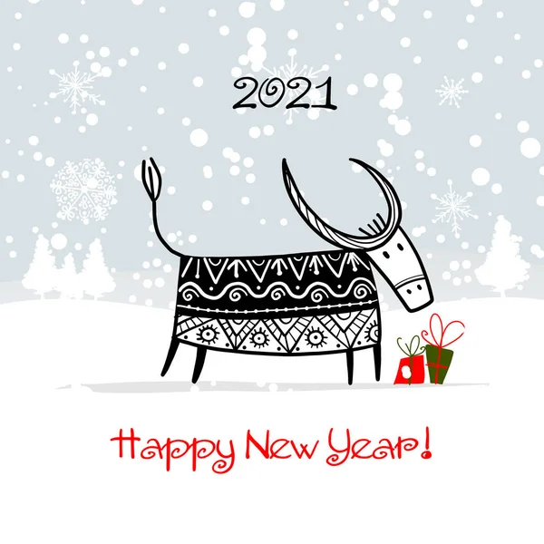 Felice anno nuovo 2021. Toro, bue, mucca. Sfondo foresta invernale. Modello per il tuo design - poster, biglietto, invito — Vettoriale Stock
