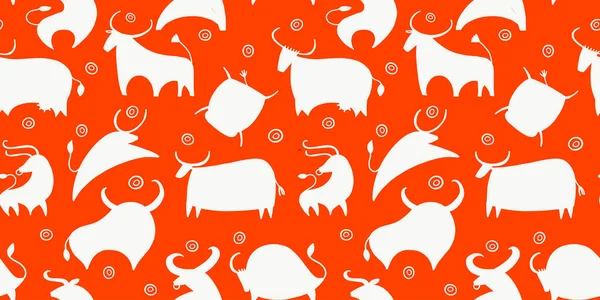 Funny bulls collection. Lunar horoscope sign. Happy new year 2021. Bull, ox, cow. Seamless pattern for your design — Stock Vector