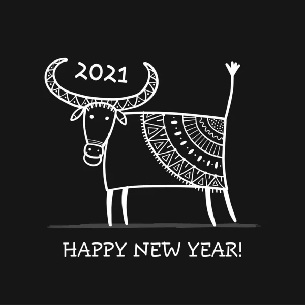 Funny sketch bull. Lunar horoscope sign. Happy new year 2021. Bull, ox, cow. Template for your design - poster, card, invitation — Stock Vector