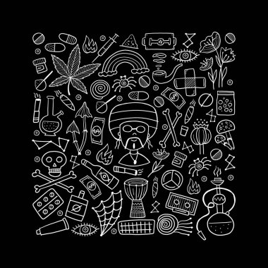 Uyuşturucu bağımlılığı. Uyuşturucuya hayır de. Kafatası, marihuana, davul, hap ve müzik sembolleriyle Rasta koleksiyonu