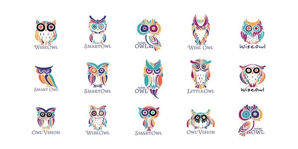 可爱猫头鹰色彩艳丽的收藏品，标志设计模板 — 图库矢量图片