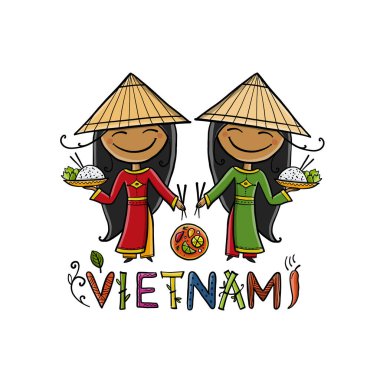 Vietnam geleneksel yemekleri. Online menü logosu. Geleneksel giysili ve yemekli kadınlar. Tasarımınız için çizim.