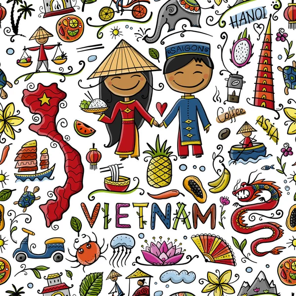 Reis til Vietnam. Sømløst mønster med tradisjonelle vietnamesiske kulturelle symboler. Vietnamesiske landemerker og livsstil for mennesker – stockvektor
