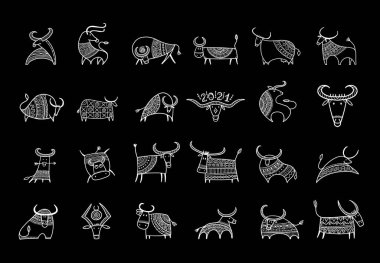 Komik bir boğa koleksiyonu. Ay burcu burcu. Mutlu yıllar 2021. Boğa, öküz, inek. Tasarımınız için şablon - poster, kart, davet