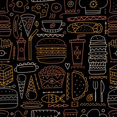 Fast food koleksiyonu. Hamburger, pizza, sosis, atıştırmalık sandviç, dondurma. Yemek menüsü, tasarımınız için kusursuz desen