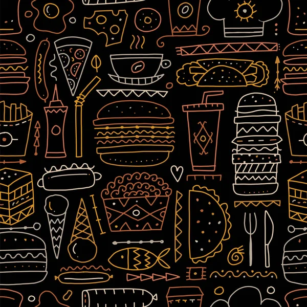Fast food collection. Hamburger pizza sausages snacks sandwich ice cream. Food menu, seamless pattern for your design