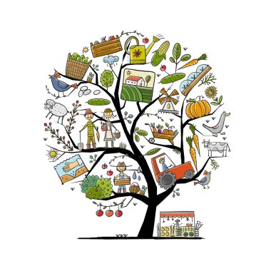 Tasarımınız için Organik Çiftlik Kavram Ağacı. Hasat Festivali. Tarım koleksiyonu. Organik tarım ekosistemi. Taze ürünler, yerel olarak yetişmiş ve organik gıdalar. Çiftçi Pazarı.