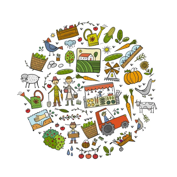 Fondo de la granja orgánica para su diseño. Festival de la Cosecha. Colección de agricultura. Agricultura ecológica concepto ecológico. Productos frescos, cultivados localmente y alimentos orgánicos. Mercado de los agricultores. — Vector de stock