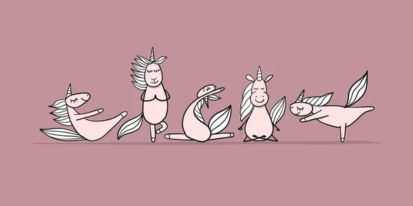 Unicornios divertidos haciendo yoga, boceto para tu diseño — Vector de stock