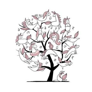 Komik Tek Boynuzlu Atlı Sanat Ağacı yoga yapıyor. Tasarımınız için çizim