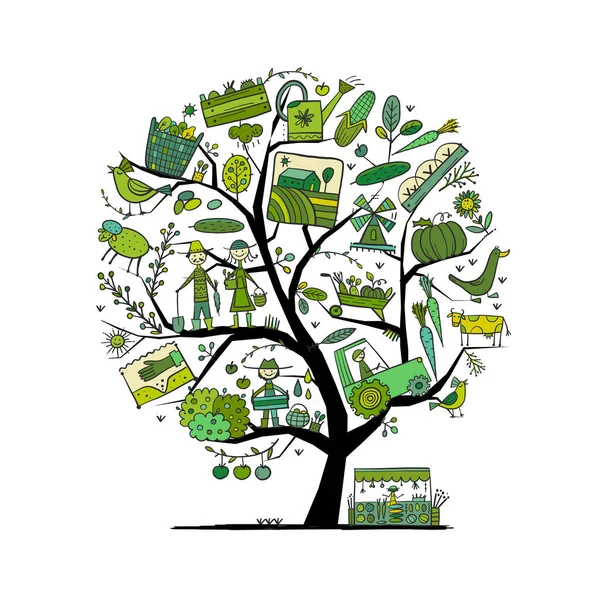 Organic Farm Concept Tree För din design. Skördefestivalen. Jordbruksinsamling. Ekologiskt jordbruk. Färska produkter, närproducerad och ekologisk mat. Jordbruksmarknaden. — Stock vektor