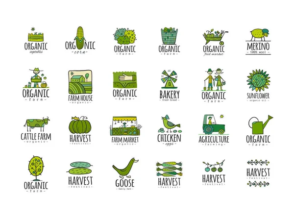 Iconos orgánicos de granja para su diseño. Festival de la Cosecha. Colección de agricultura. Agricultura ecológica concepto ecológico. Productos frescos, cultivados localmente y alimentos orgánicos. Mercado de los agricultores. — Vector de stock