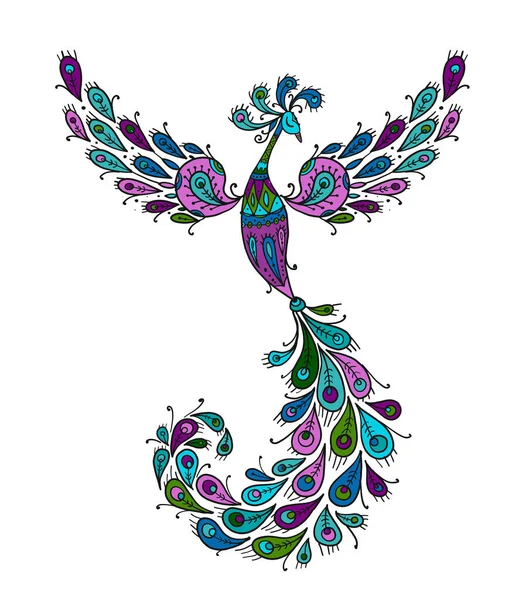 Pájaro Hada Mágica. Ave Fénix. Personaje mítico. Silueta ornamental para su diseño — Vector de stock