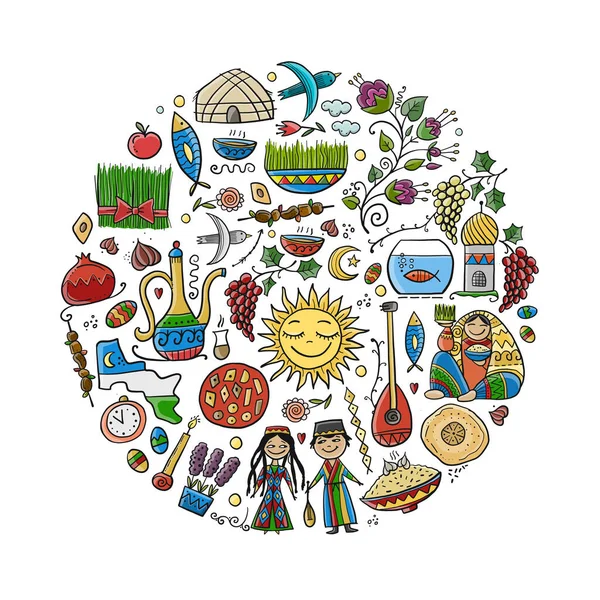 Nowruz, bahar tatili. Tatil sembolleri, insanlar, yiyecekler, gelenekler ve gelenekler. Özbekistan sanatı. Hediye kartı tasarımı — Stok Vektör