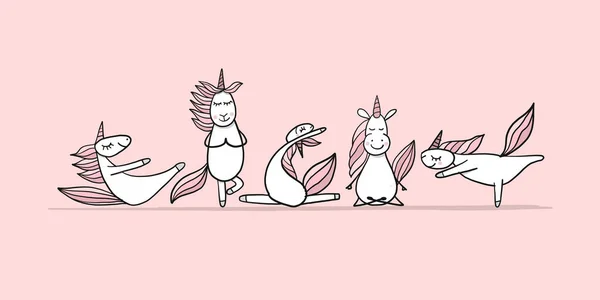 Unicornios divertidos haciendo yoga, boceto para tu diseño — Vector de stock