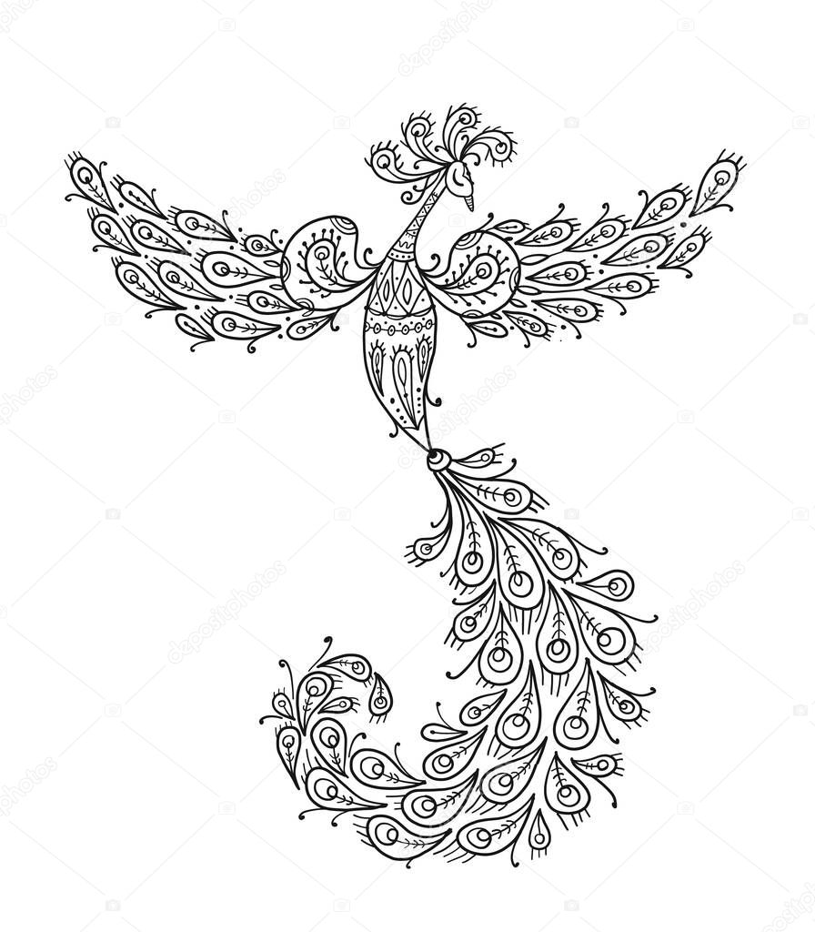 Firebird with a Majestic Tail. Phoenix Bird. Mythical character. Ornamental Silhouette for your design. Vector illustration
