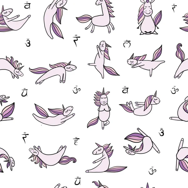 Unicornios divertidos haciendo yoga. Patrón sin costura para su diseño — Vector de stock