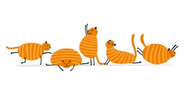 Yoga yapan komik kediler. Tasarımınız için beyaz üzerine izole edilmiş sanat karakterleri