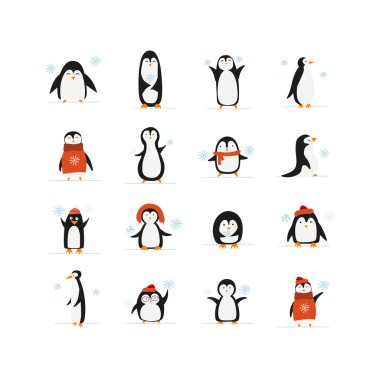 Komik Penguenler. Simge koleksiyonu. Tasarımınız için çizim