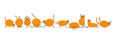 Yoga yapan komik kediler. Tasarımınız için beyaz üzerine izole edilmiş sanat karakterleri