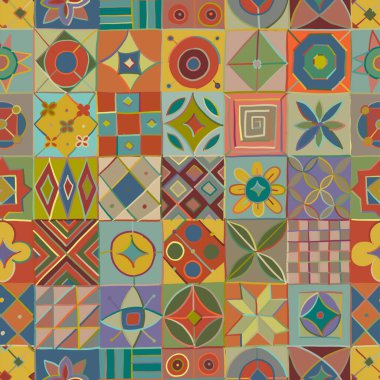 Talavera deseni. Hint yaması. Türk süsü. Fas fayans mozaiği. İspanyol dekorasyonu. Etnik kökenli. Tasarımınız için kusursuz desen