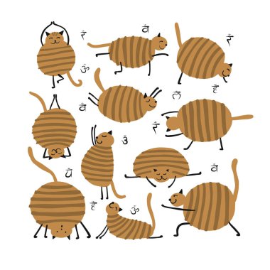 Yoga yapan komik kediler. Tasarımınız için beyaz üzerine izole edilmiş sanat karakterleri