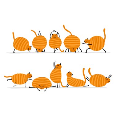 Yoga yapan komik kediler. Tasarımınız için beyaz üzerine izole edilmiş sanat karakterleri