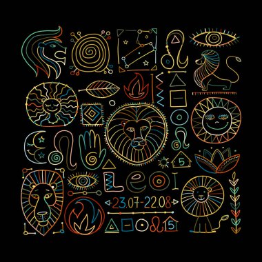 Leo Zodiac İşareti. Tasarım ögelerine sahip arkaplan