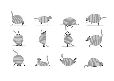 Yoga yapan komik kediler. Tasarımınız için beyaz üzerine izole edilmiş sanat karakterleri