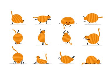 Yoga yapan komik kediler. Tasarımınız için beyaz üzerine izole edilmiş sanat karakterleri