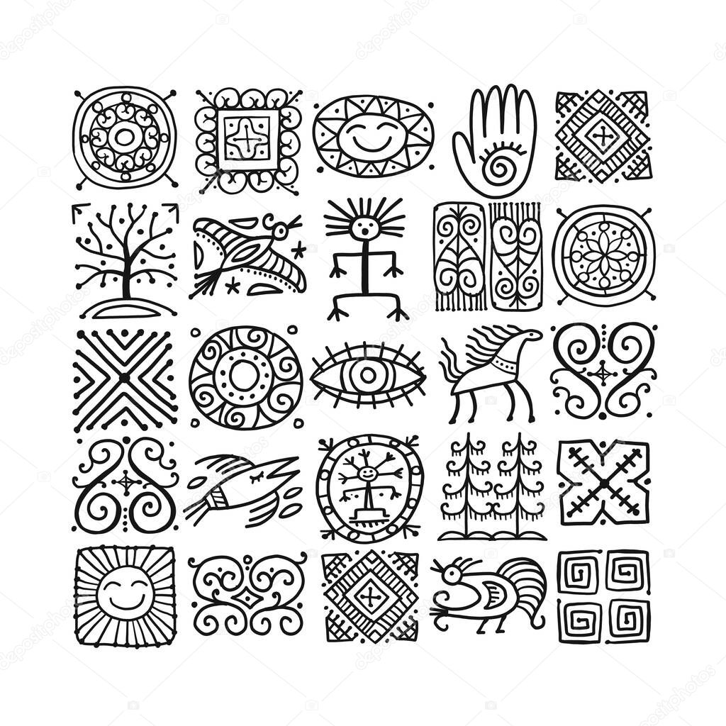 Ethnic handmade ornament, Folk Nordic Symbols. Art background for your design