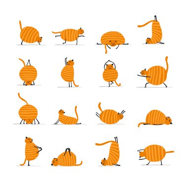 Yoga yapan komik kediler. Tasarımınız için beyaz üzerine izole edilmiş sanat karakterleri