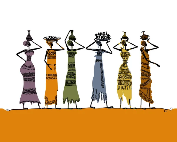 African women with jugs and food, wearing ethnic dresses. Art silhouette for your design — Stock Vector