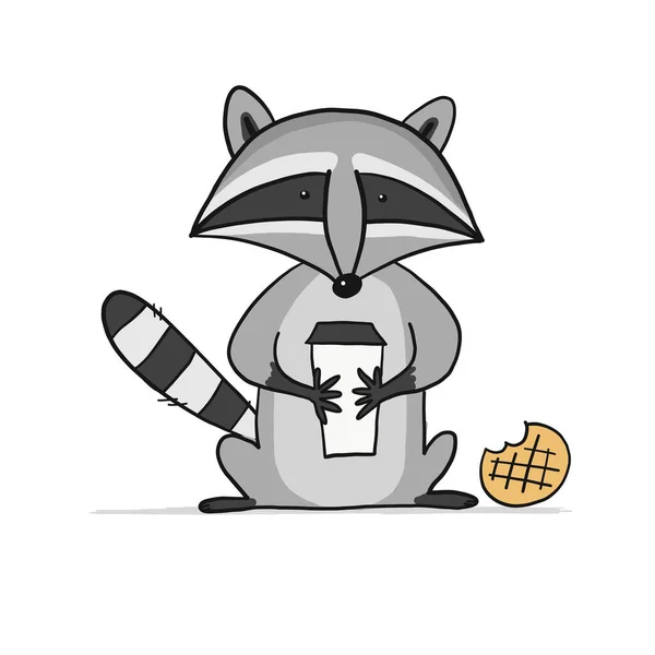 Personagem Racoon engraçado com café e biscoito. Isolado em branco. —  Vetores de Stock