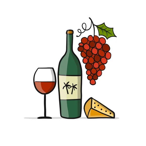 Bouteille de vin rouge, fromage et verre. Croquis pour votre design — Image vectorielle