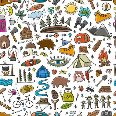 Dünya Turizm Günü. Orman ve Dağ Turistleri. Tasarımınız için kamp arkaplanı.