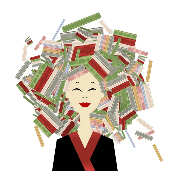 Bookworm concept, Female Portrait with books on head, pretty asian woman in sunglasses. Design for cards, banners, posters. Library Concept — Vetor de Stock