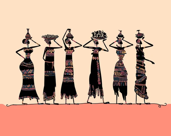 Mulheres africanas com jarros e comida, vestindo vestidos étnicos. silhueta de arte para o seu design — Vetor de Stock