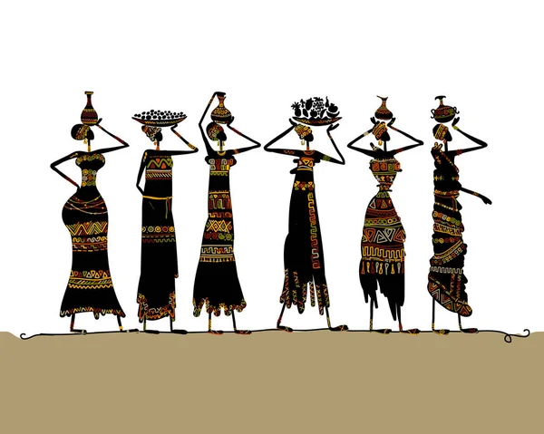 Африканські жінки з глеками та їжею, одягнені в етнічні сукні. Художній силует для вашого дизайну — стоковий вектор
